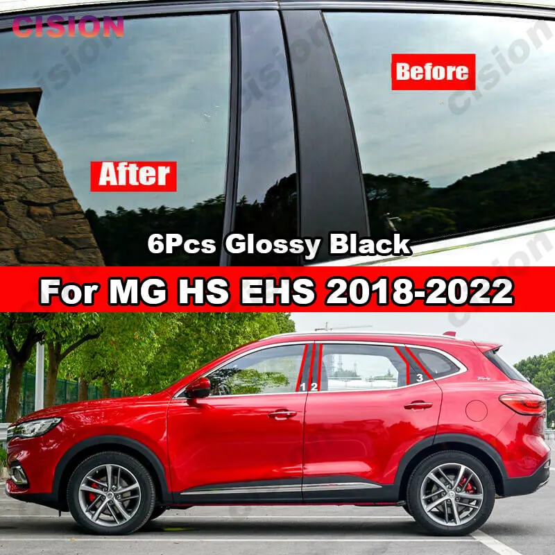 For MG HS EHS 2018-2022 Window Door Column BC Pillar Post Cover Trim Glossy Black Carbon Fiber Mirror Effect PC Material Sticker