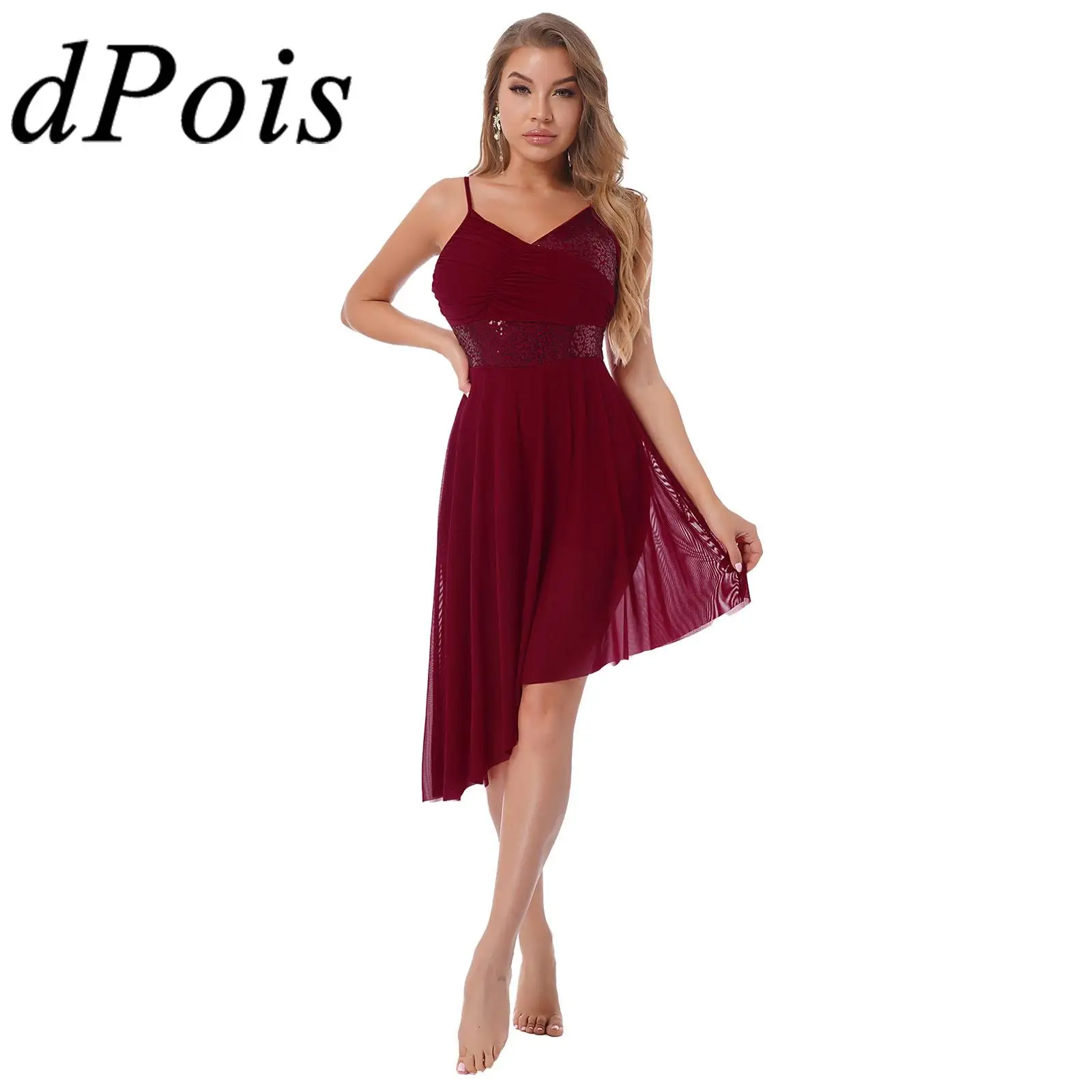 

Women Sleeveless Asymmetrical Chiffon Sequin Figure Skating Dress Ballet Tutu Gymnastics Leotard Adults Lyrical Dance Costumes