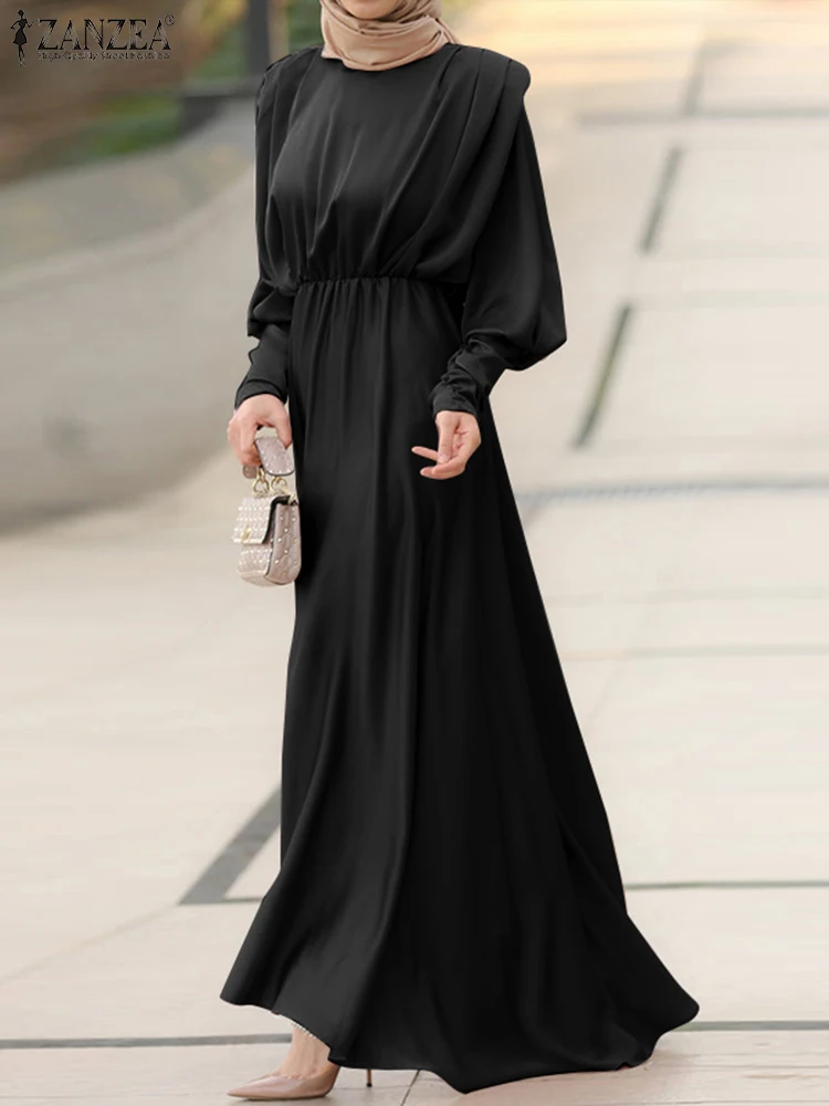 

ZANZEA Spring Women Muslim Kaftan Dress Abaya Kaftan O-Neck Full Sleeved Solid Robes Fashion Casual Elegant Islamic Dresses