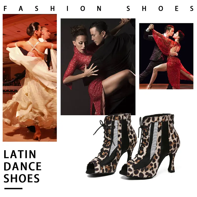 SWDZM Women Latin Dance Shoes Jazz Tango Dance Shoes for Ladies Leopard High Heels Salsa Dancing New Ballroom Boots Indoor