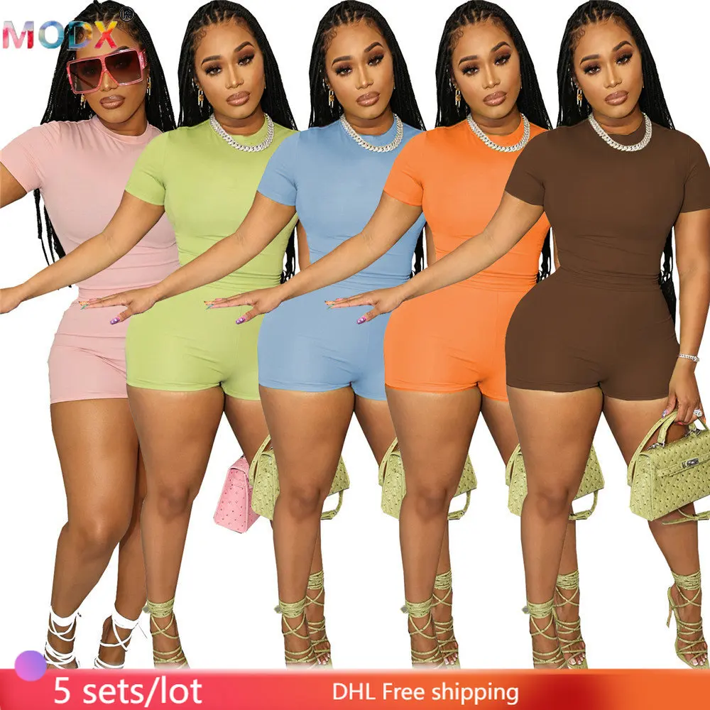 

5 Sets Casual Solid Color Two-piece Women's Round Neck Top and Cycling Shorts Sportswear Women's Yoga Clothing Wholesale 9771