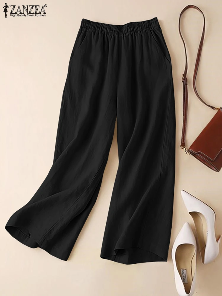

Women Summer High Waist Long Pants Solid ZANZEA Work Office Trousers Elegant OL Work Pantalon Fashion Palazzo Femme Oversized