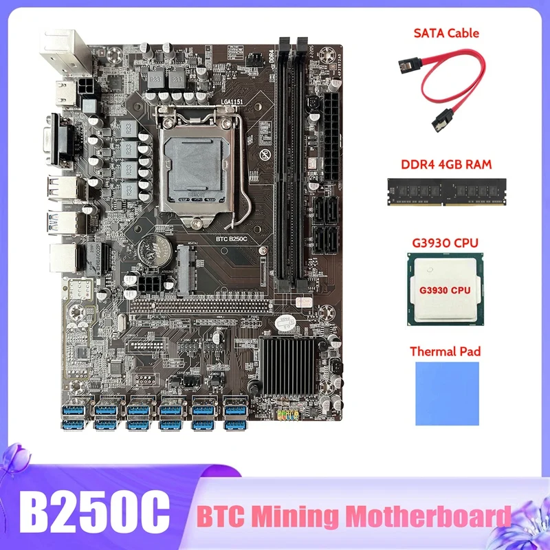 

Материнская плата B250C для майнинга BTC + процессор G3930 + DDR4 4 ГБ ОЗУ + кабель SATA + термопрокладка 12X PCIE к материнской плате USB3.0 слот GPU