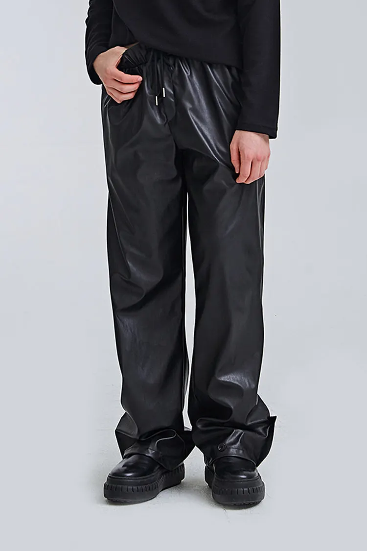 Men's pants retro versatile Pu black leather pants straight elastic waist loose casual large pants men's fashionable pants