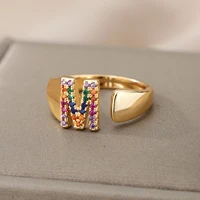 rainbow zircon letter rings for women stainless steel a z initial ring adjustable finger rings boho jewelry wedding gift