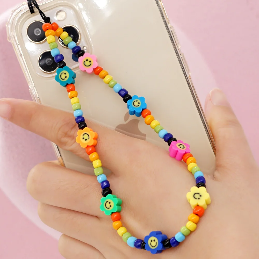 

Sun Flower Smiley Phone Charm Bohemia Colorful Acrylic Bead Beaded Telephone Chain Anti-Lost Lanyard Mobile Strap Women Jewelry