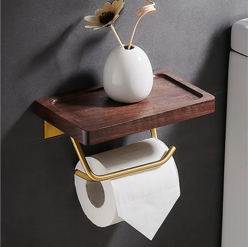 bathroom accessories paper holder gold and walnut wood paper towel holder tissue rack toilet paper holder phone holder free global shipping