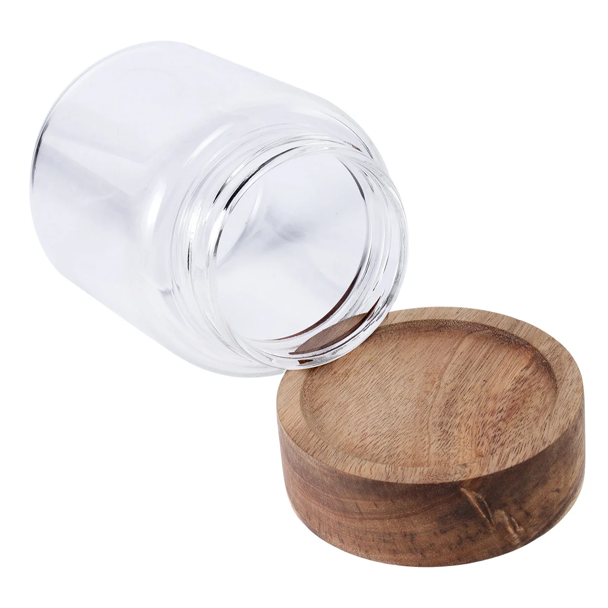 

1pc Glass Sealed Box Container Round Shape Wood Lid Transparent for Kitchen Home (80x100mm 335ml)