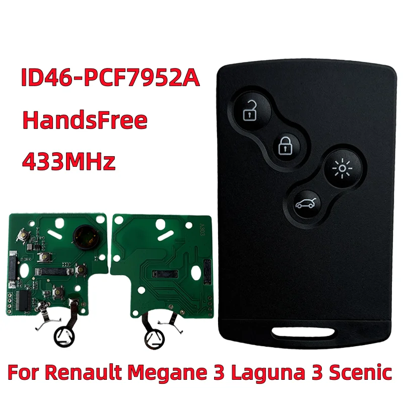 

Бесключевой чип 433 МГц ID46-PCF7952A для Renault Megane 3 Laguna 3 Scenic Fluence Laguna iii Smart Remote Car Key Card 4 кнопки