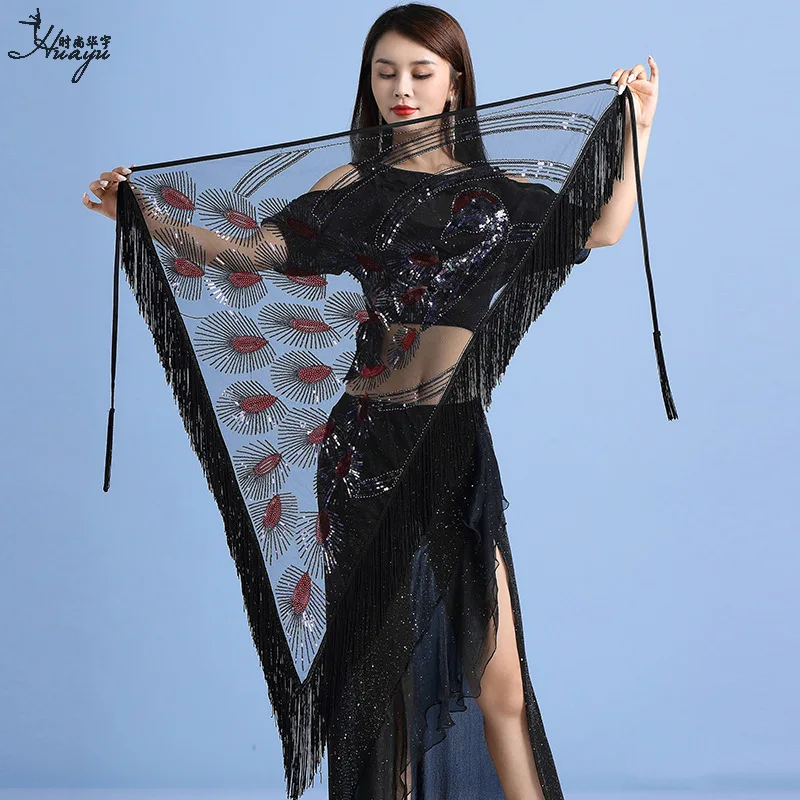 Платок для танца живота треугольной формы с кисточками и блестками