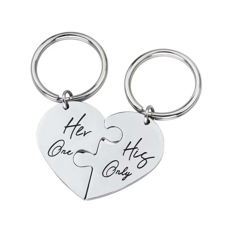 

customed design Puzzle Lettering HIS HER Valentine's Day Gift Titanium Steel Keychain Source Manufacturer Wholesale Metal Blank