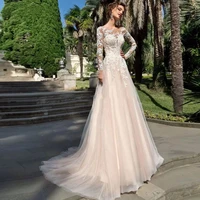 modern o neck wedding dresses with lace appliques up elegant button gown a line sweep train long sleeve tulle vestidos de novia