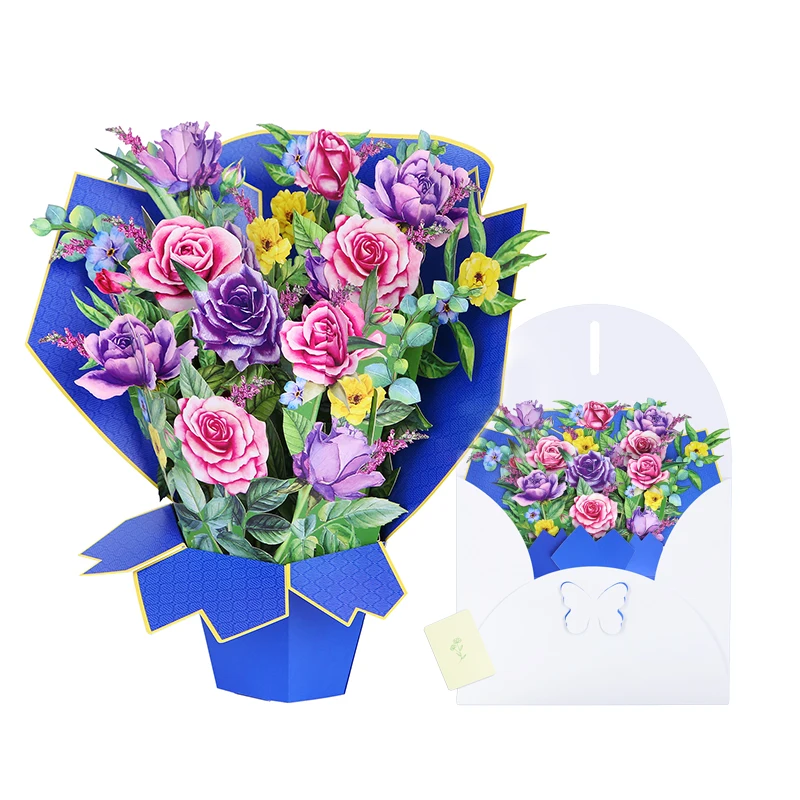 

3D Pop Up Greeting Card Flower Bouquet Decor Floral Thankyou Cards Colorful Rose Postcards For Wife Mom Girlfriend Grandma Gifts