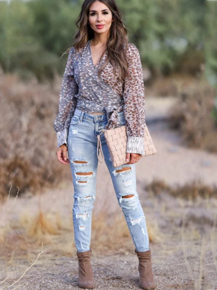 Pencil pants trousers women's 2023 European style women's jeans washed ripped holes