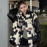 american retro letter embroidery leather jackets coats womens 2022 new street trend all match baseball uniform couple loose top