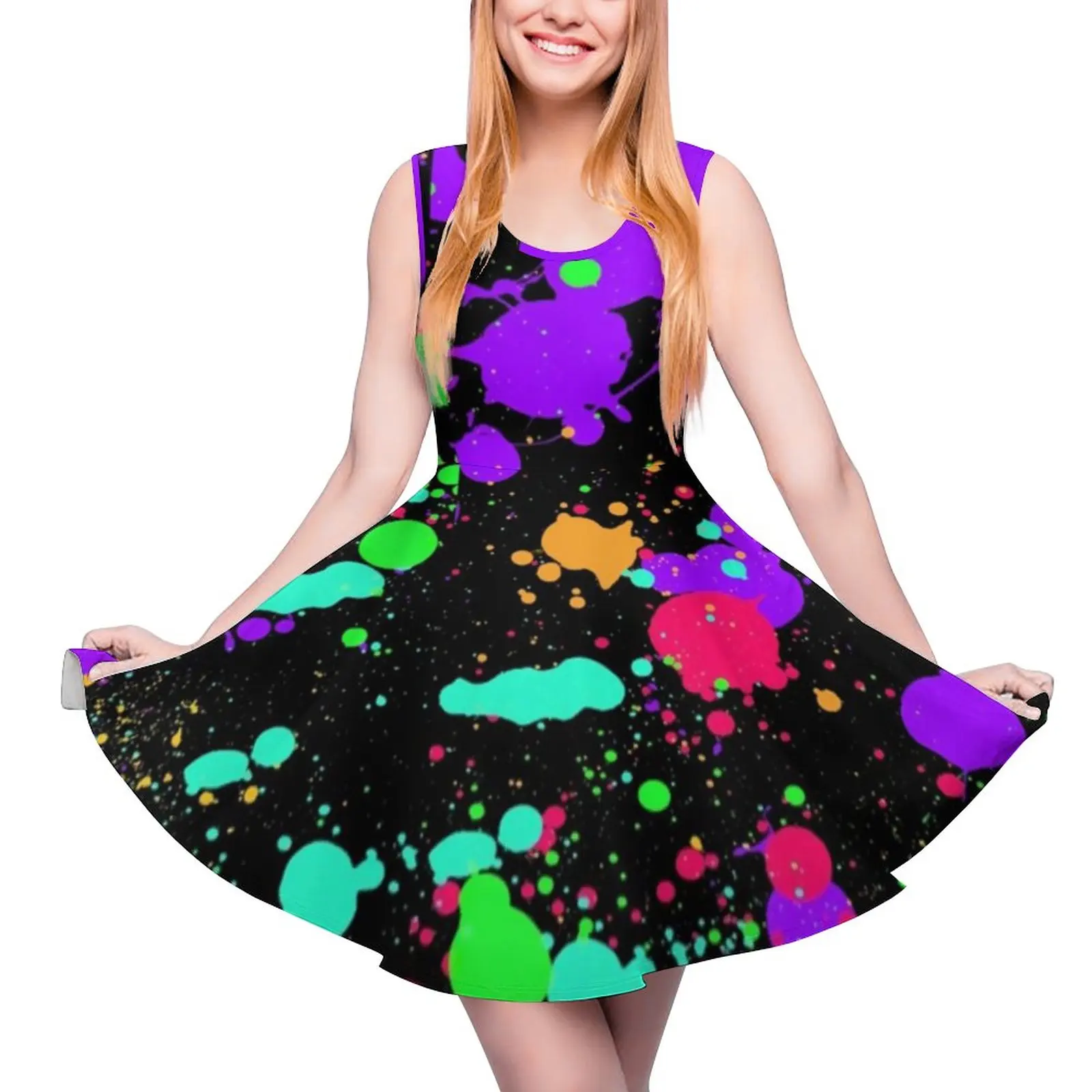 

Colorful Neon Paint Dress Pretty Splatter Print Beach Dresses Sleeveless Aesthetic Big Size Skate Dress Womens Graphic Clothing