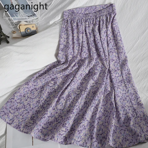 Gaganight Casual Floral Print Summer Chiffon Skirt Women High Waist Midi A-Line Skirt 2021 Elegant Female Elastic Waist Skirts