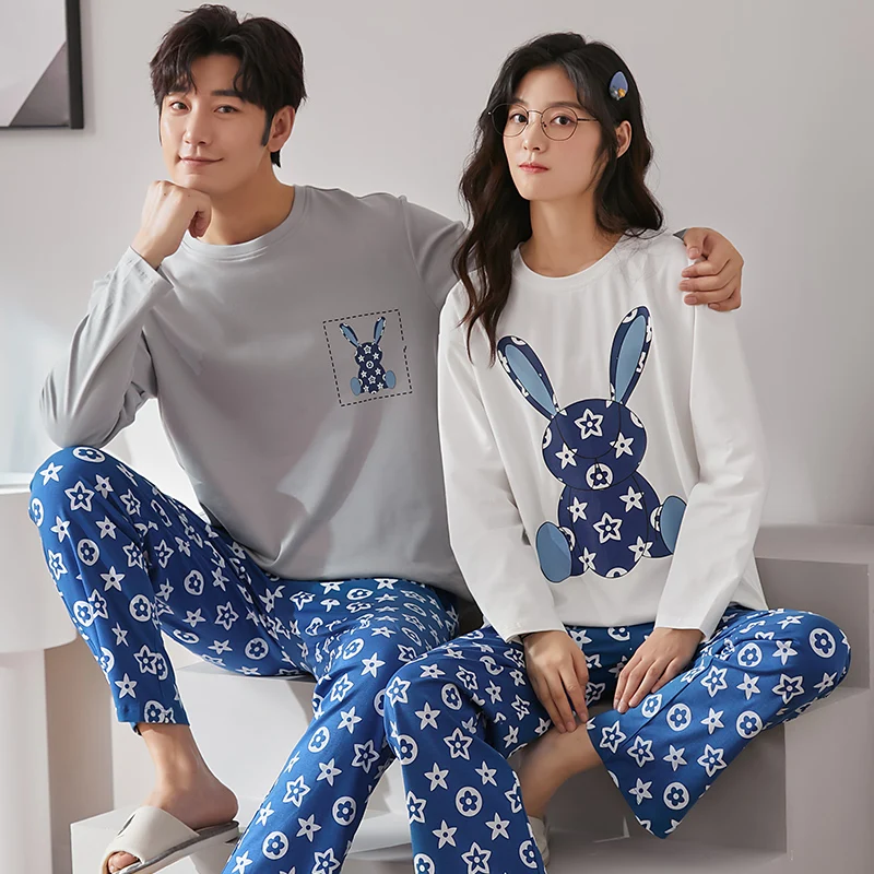 Spring Autumn Knitted Cotton Cartoon Men's Pyjamas Couple Pajama Sets Casual Male Sleepwear Pyjamas Night Pijamas Homewear 4XL