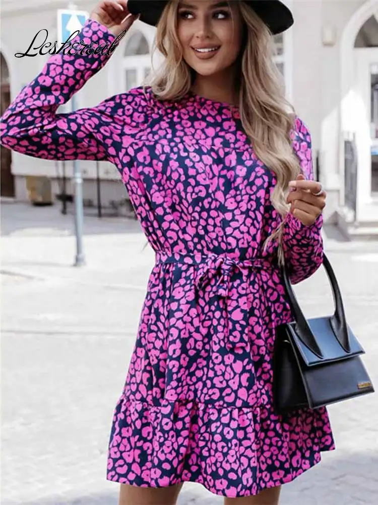

Fashion O-neck Long Sleeve Sweet Floral Print Mini Dress Women 2022 Autumn Casual Lace Up Office Dresses For Women Robe Femme