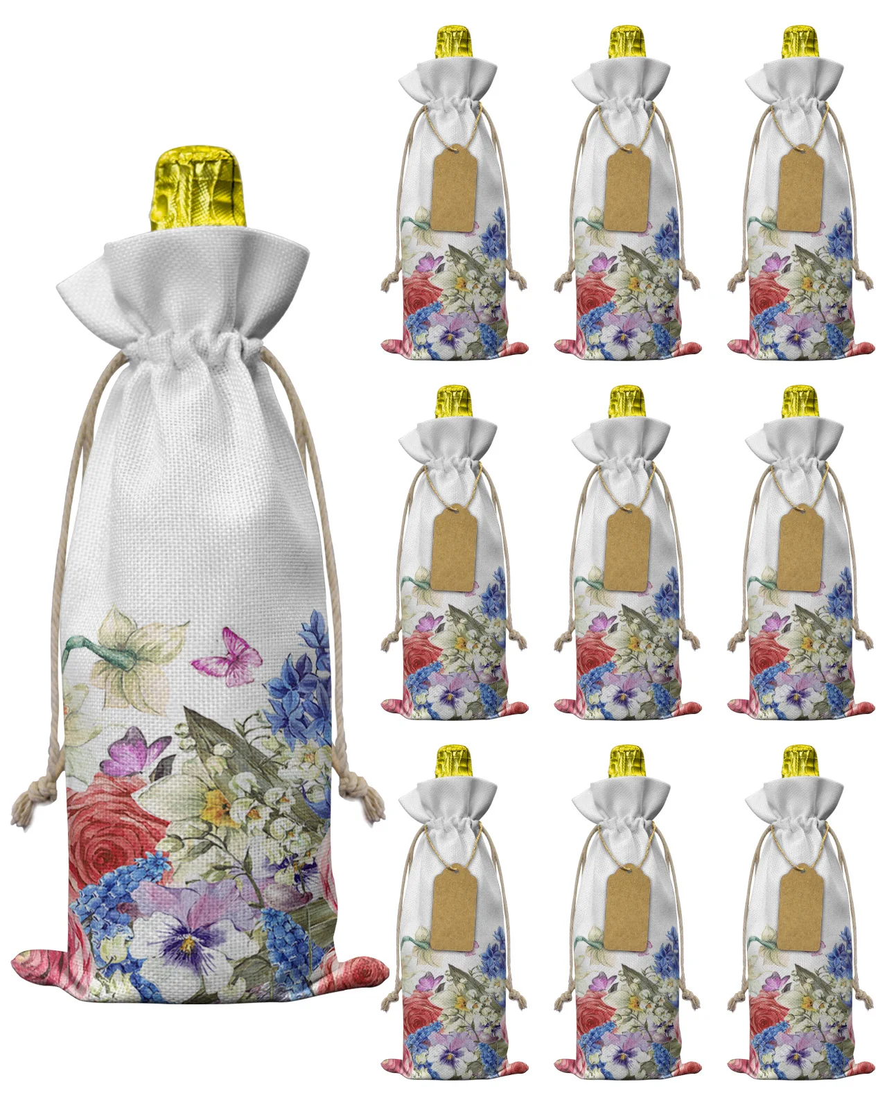 

10pcs Flower Feather Butterfly Drawstring Wine Bottle Covers Reusable Bottle Wrap Gift Package Party Decor Wine Bags