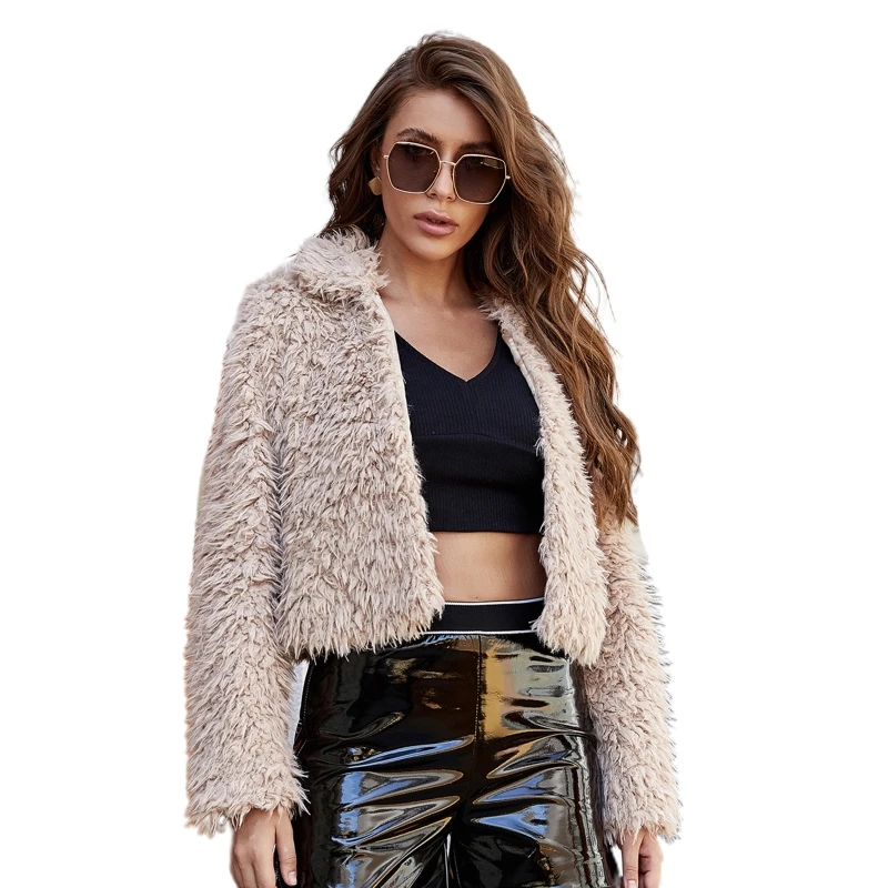 

Women Winter Long Sleeve Open Front for Jacket Fluffy Plush Shaggy Lapel Collar Cropped Coat Solid Color Warm Loose Outw MXMA