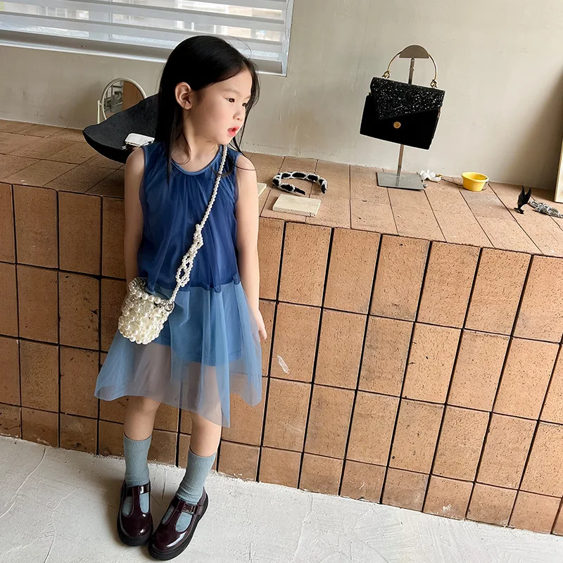 

Kids Clothes Girls Dresses Beach Princess 2023 Korean New Summer Blue Gauzy Fashionable Solid Color Sleeveless O-neck Pleated