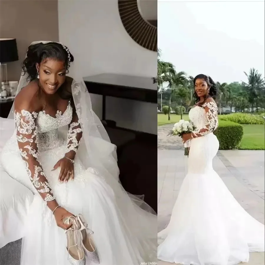 

Элегантное свадебное платье с юбкой-годе для невесты, кружевное Тюлевое платье невесты с круглым вырезом, длинным рукавом и иллюзионным лифом, платье невесты в африканском стиле
