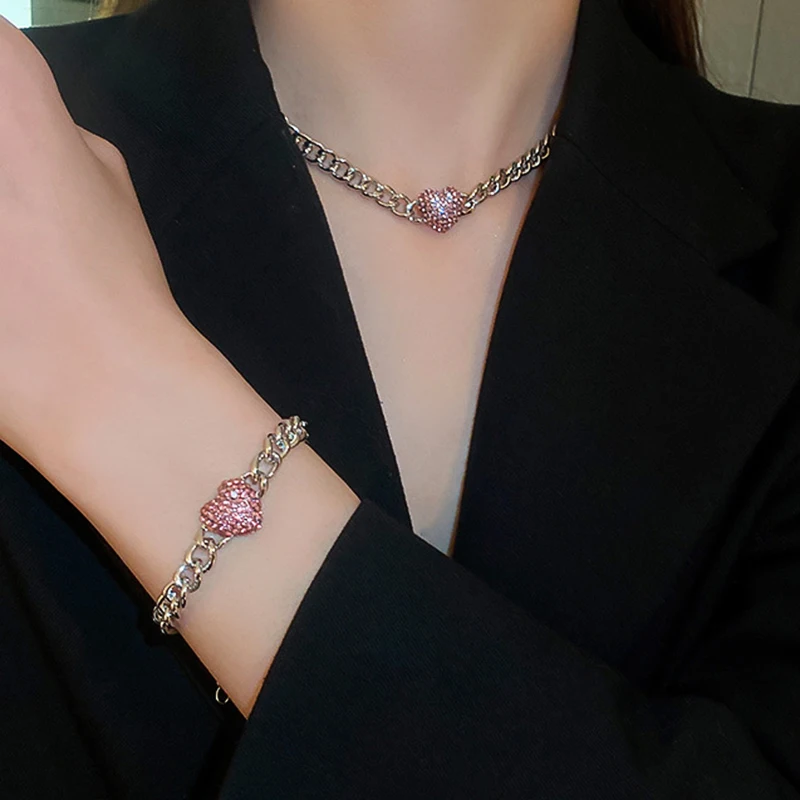 

KIOOZOL women hip hop jewelry crystal heart pendant silver color cuba chain choker necklace 2022 new fashion jewelry KO2
