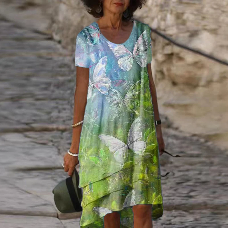 

Женское летнее платье-трапеция с V-образным вырезом и коротким рукавом