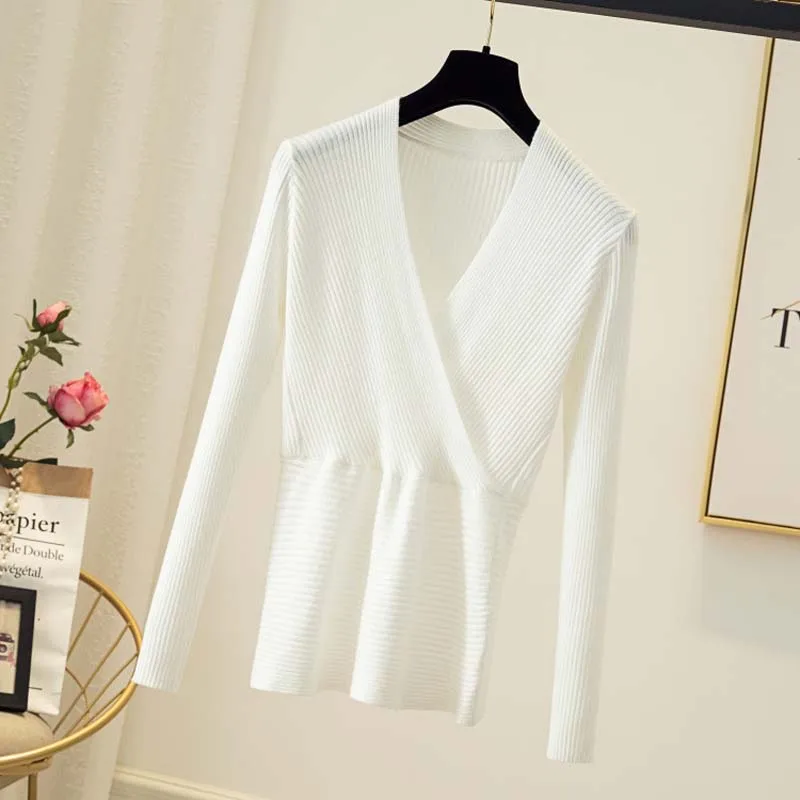 Winter Women Solid Knitted Sweater Pullovers Sexy V-Neck Apricot Black White Mujer Tops Ladies Long Sleeve Sweet Slim Jumper | Женская