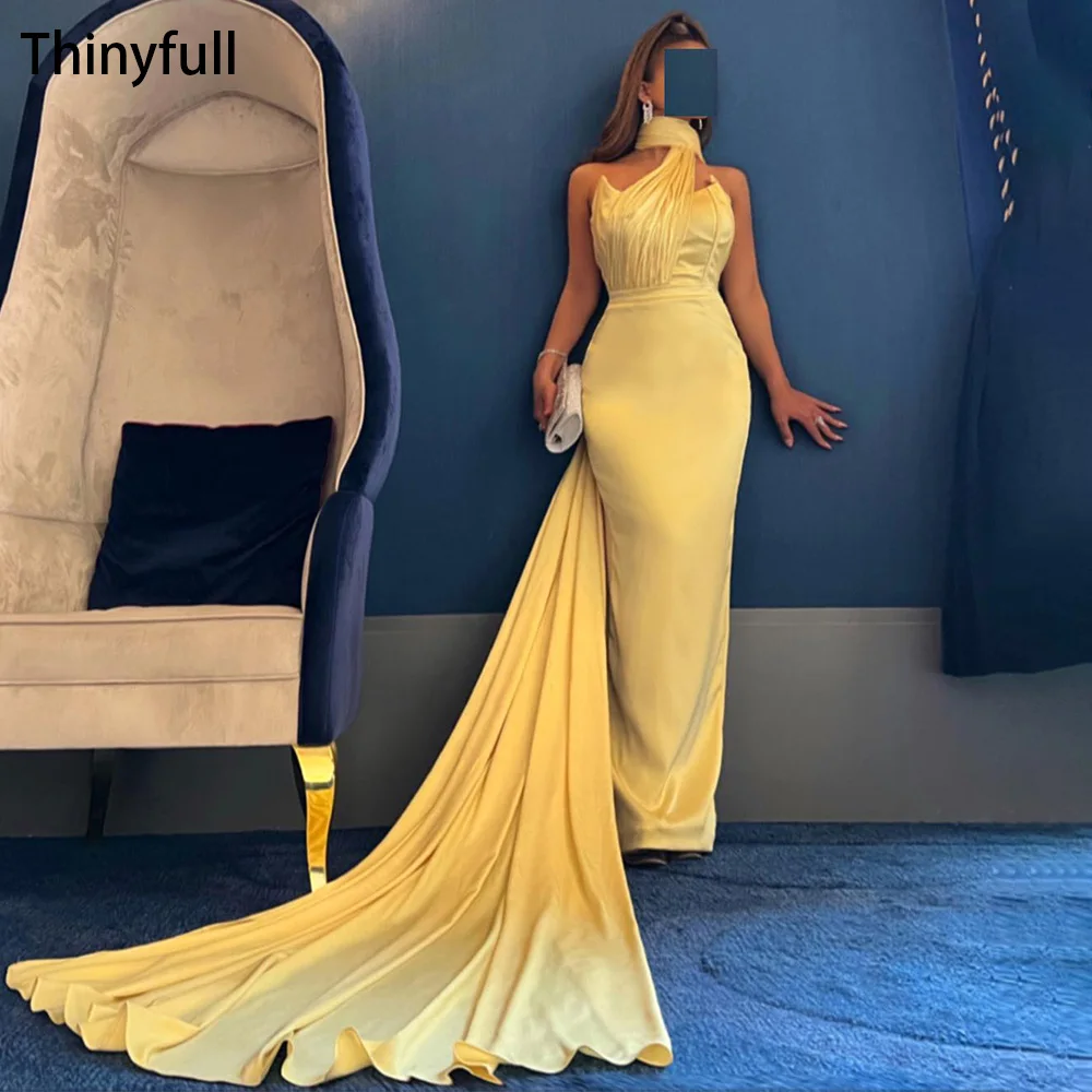 

Thinyfull Yellow Saudi Arabia Mermaid Evening Party Dresses Halter Cape Stain Prom Gowns Dubai Formal Dress Events Dress