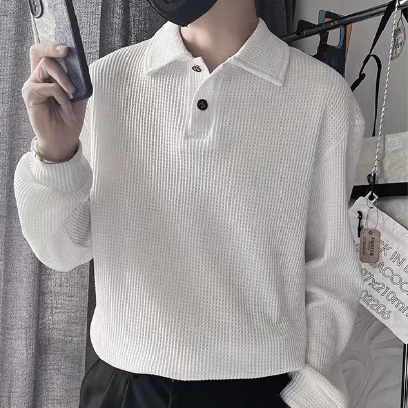 

Рубашка-поло мужская с длинным рукавом и лацканами, Новинка весна-осень 2022, однотонное вязаное пальто, футболка, топ, мужские футболки с графическим рисунком
