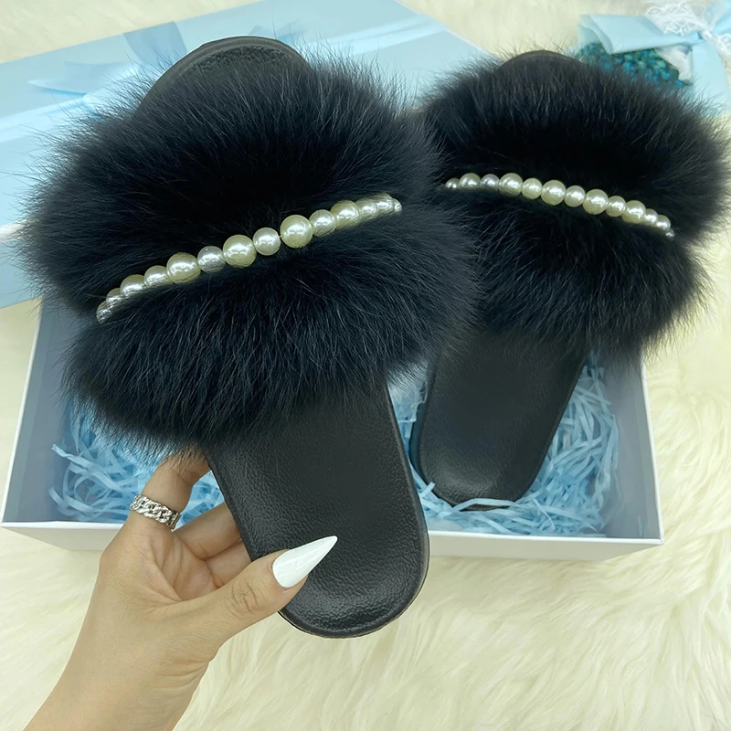 Шлепанцы Женские Летние Пушистые Натуральный Мех Тапочки 2022 Жемчужная Цепочка