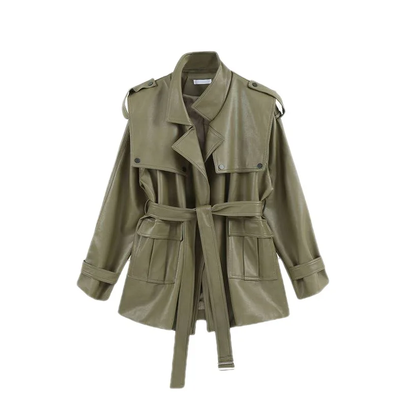 Spring Women's Leather Coat Women's 2022 Design Sense Lace-up Waist Loose Coat Light Green Basic Leather Clothes for Lady