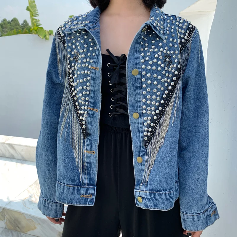 

Fashion Tassel Diamonds Denim Jacket Women Single Breasted Short Outwear 2023 Spring Autumn New Indie Aesthetic Cowboy Jackets