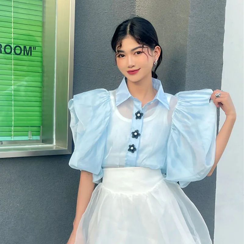 

Short Bubble Sleeve See Through Pretty And Cheap Wholesale Clothes Women's Blouses Fashion Elegant Summer Shirt Tops 2022 New