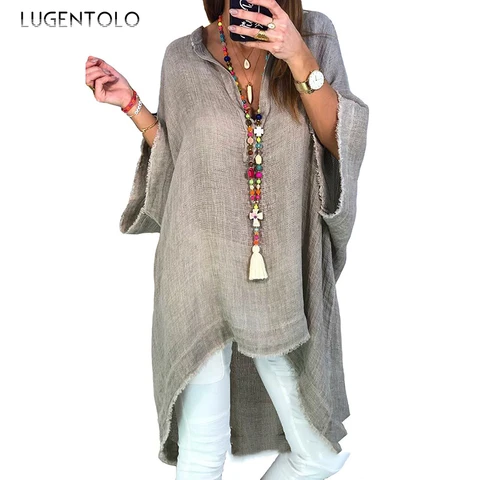 Lugentolo Plus Size Blouses Women Linen Loose V-Neck Solid Three Quarter Casual Irregular Hem Womens Tops and Blouses