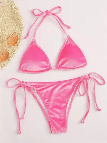 Velvet String Triangle Bikini Mujer 2023 Sexy Halter Swimsuit Women Swimwear Micro Thong Brazilian Bikinis Set Bathing Suit