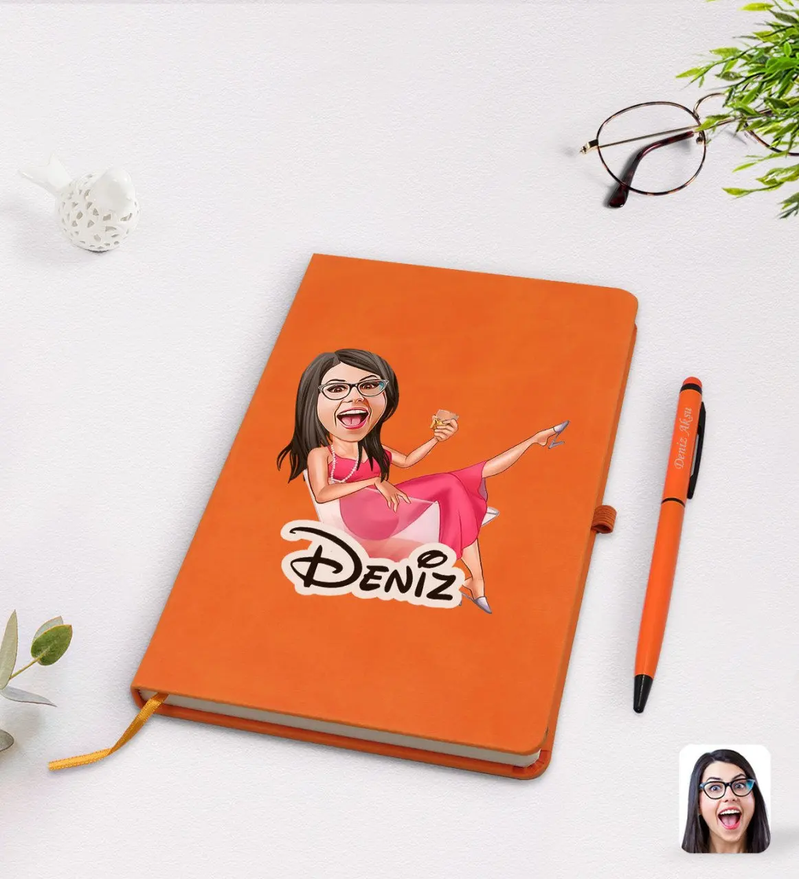 

Personalized women's boss cartoon orange thermo leather notebook pen set Model 1