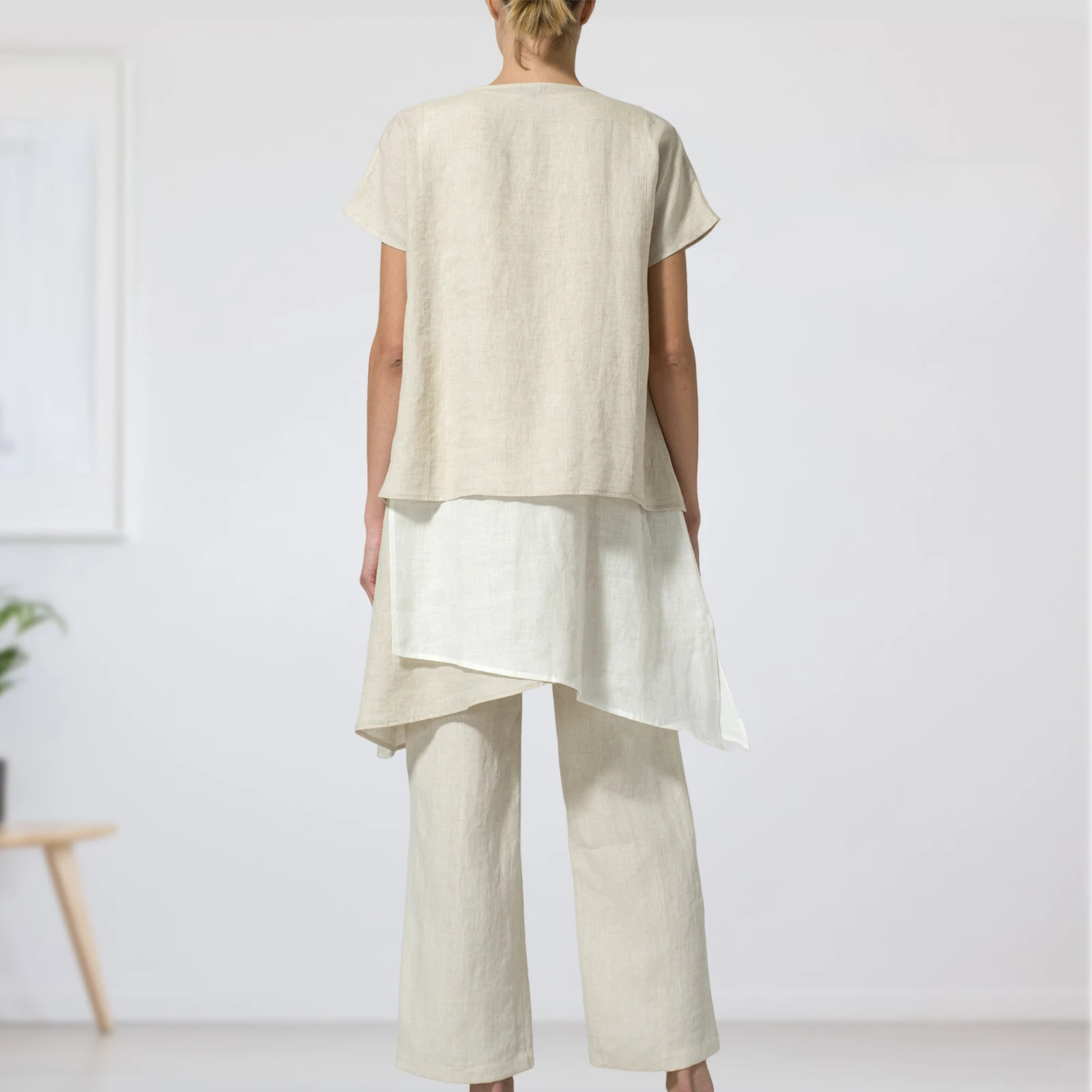 

Women Irregular Top Sling Top Trousers Solid Color Cotton Linen Shirt Top Sling Top Pants Crew Neck Short Sleeve Vacation Outfit