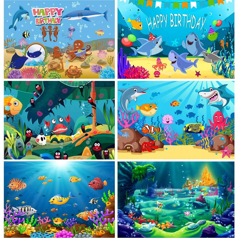 

SHENGYONGBAO Cute Cartoon Shark Backdrop for Kids Birthday Cartoon Party Decoration Baby Birthday Photo Background 210521-61