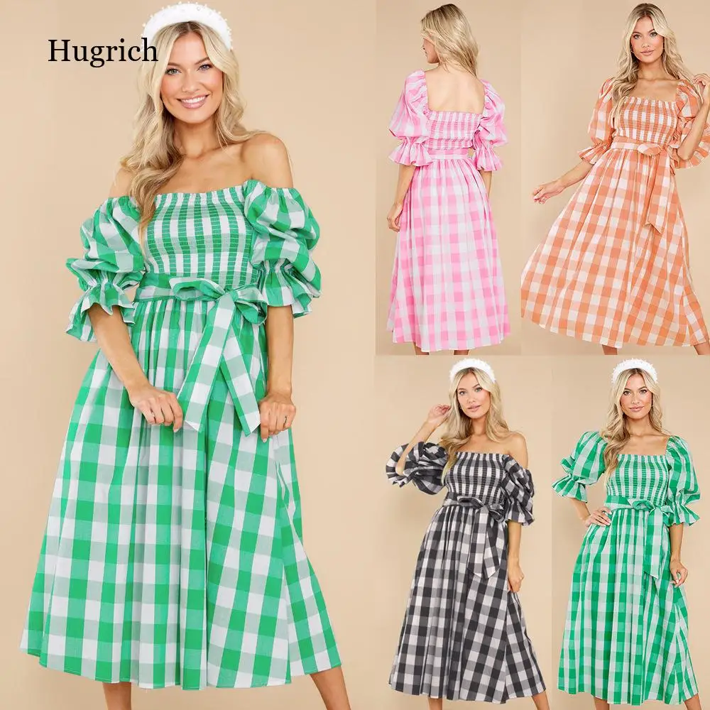 

Fashion New Dress Amazon 2022 Summer Slim Collar Shoulder Plaid Printed Beach Dress