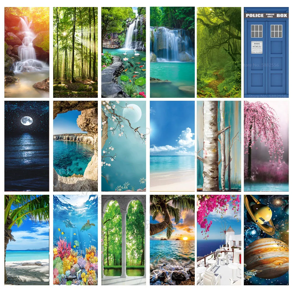 Moon Door Sticker PVC 3D DIY Self-Adhesive Waterfall Sunshine Forest Wallpaper Living Room Art Poster Mural Lake Stickers Home