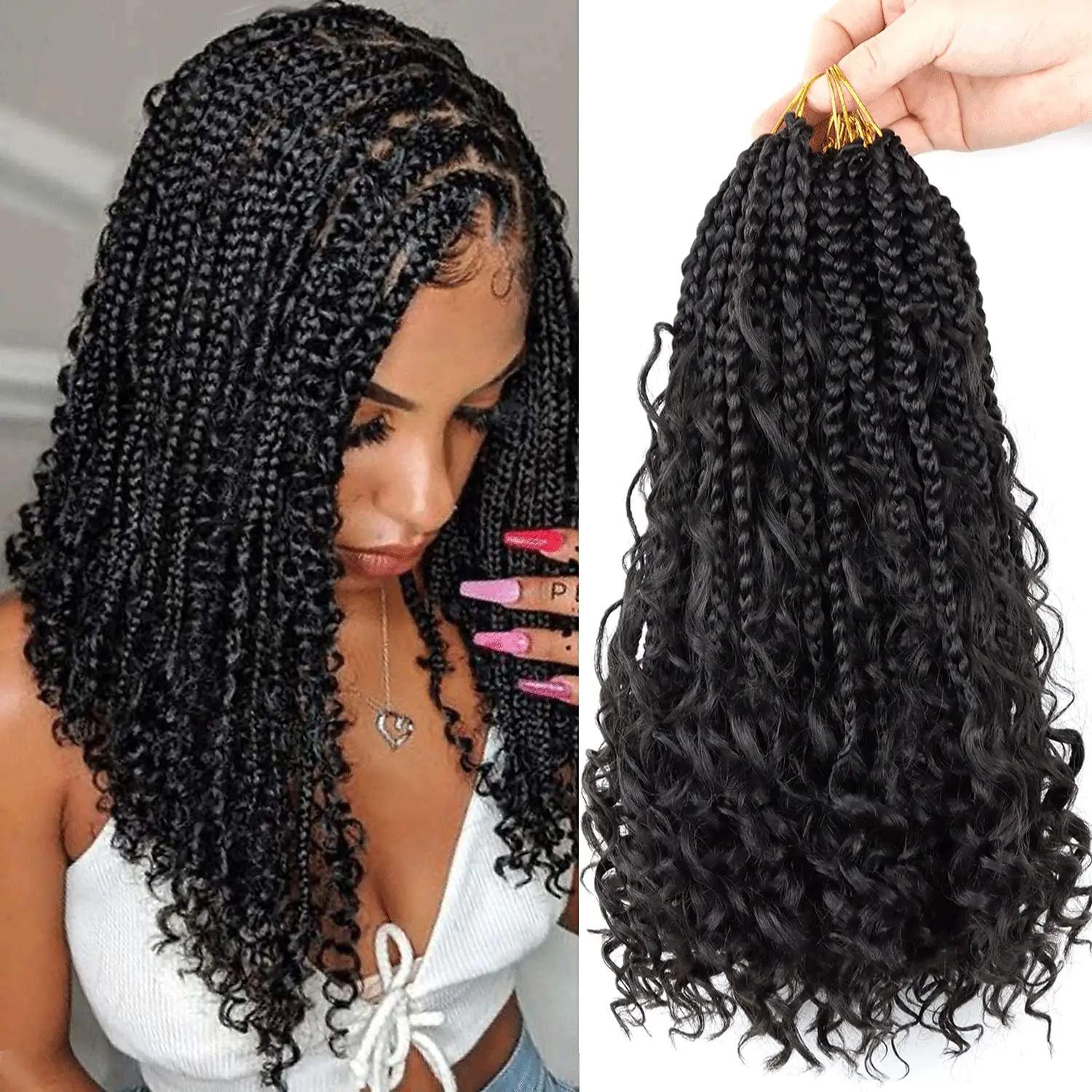 Synthetic Goddess Box Braids Crochet Curly 12 Inch Boho Box Braids Crochet Hair Bohemian Bob Box Braid Hair Extension for Women