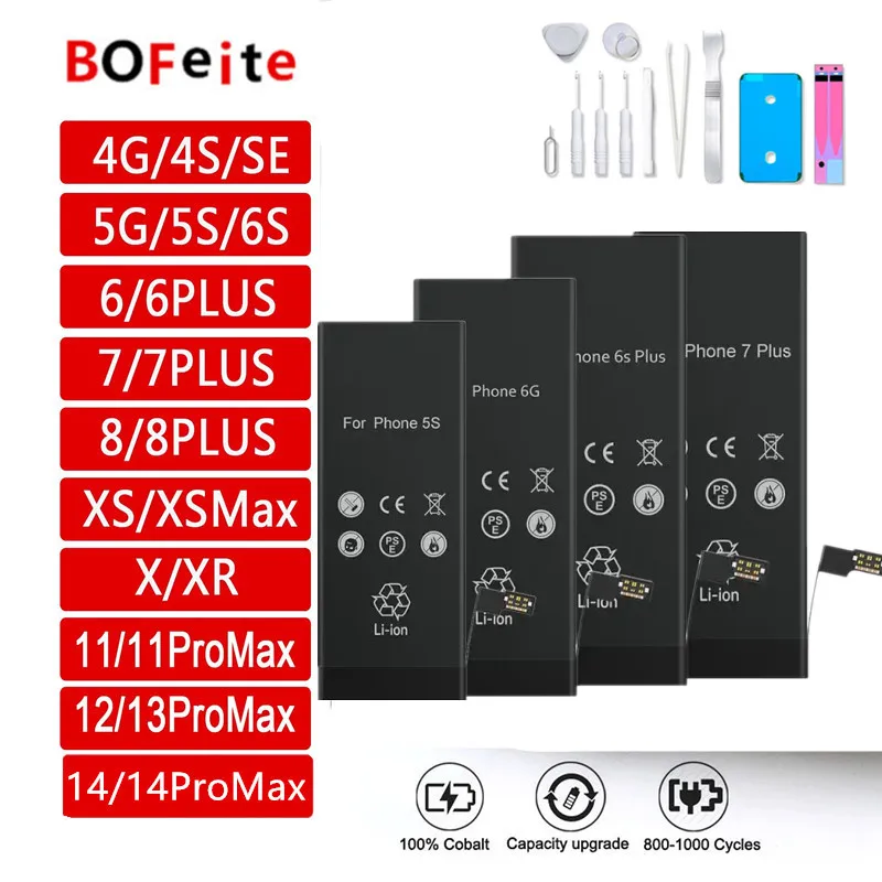 

BoFeite Original phone Battery for IPhone 5S 6S 7 8Plus X XS XR XSMAX 11 11Pro 11Pro MAX 12 12MINI 13 14 Replacement Bateria