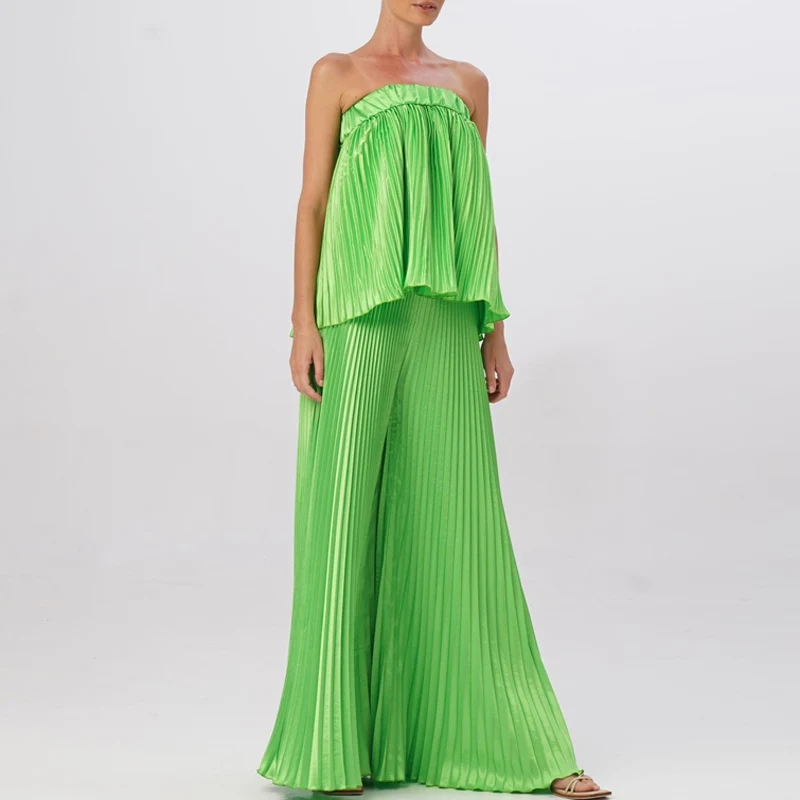 

Summer Sleeveless Tops Pullover+Long Flare Pants Sets Fashion Casual Solid Color 2pc Outfits Women Rib Pleated High Street Suits