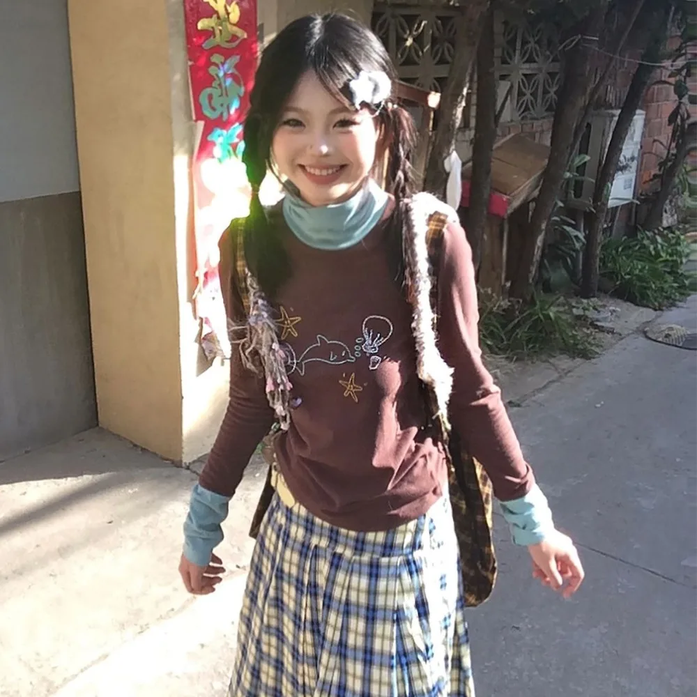 QWEEK Винтажная Футболка Y2k Kawaii Женская водолазка милые Мультяшные коричневые