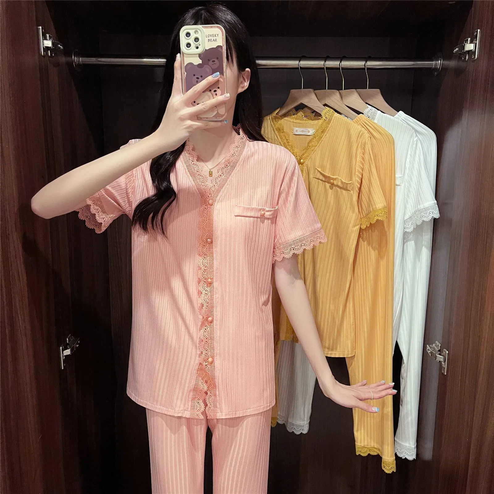 

Summer Women Short Sleeve Cotton Pajamas Set Solid Color Pyjamas Cardigan V Neck Sweet Sleepwear Trousers 2piece Lace Night Wear