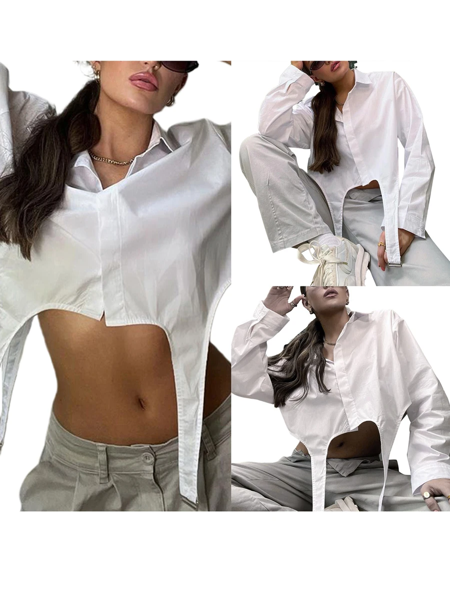 

Women Fashion Personalized Shirt Solid Color Turn-Down Collar Long Sleeve Blouses Irregular Hem Buckles Cropped Tops Streetwear