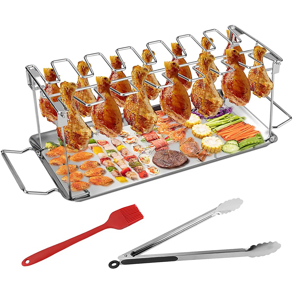 

Chicken Leg Wing Rack 14 Slots Stainless Steel Grill Racks with Drip Tray Easy to Clean Chicken Leg Stand Roaster for Smoker